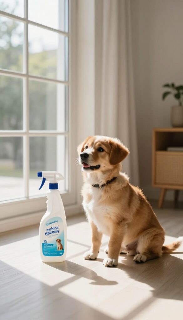 A puppy sitting next to an enzyme cleaner spray bottle and paper towels on a clean floor, illustrating the use of enzyme cleaners for potty training accidents.
