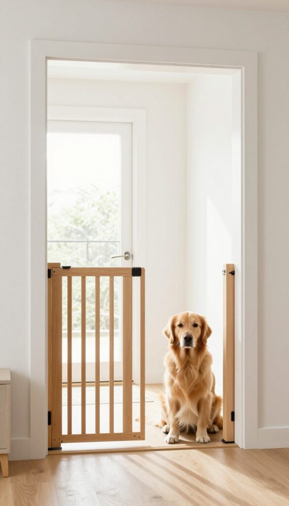 Calm dog sitting behind a baby gate in a bright entryway