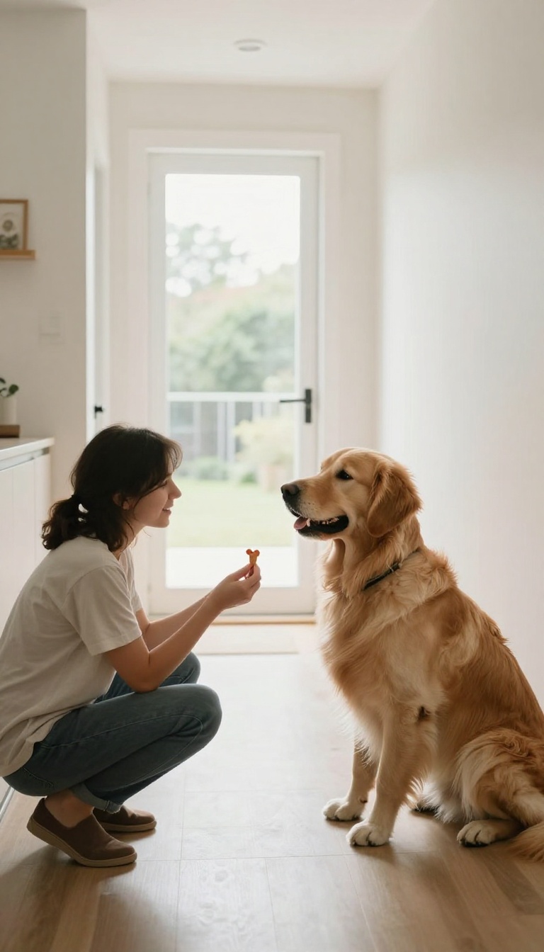 Person rewarding a calm sitting dog with a treat in a bright entryway