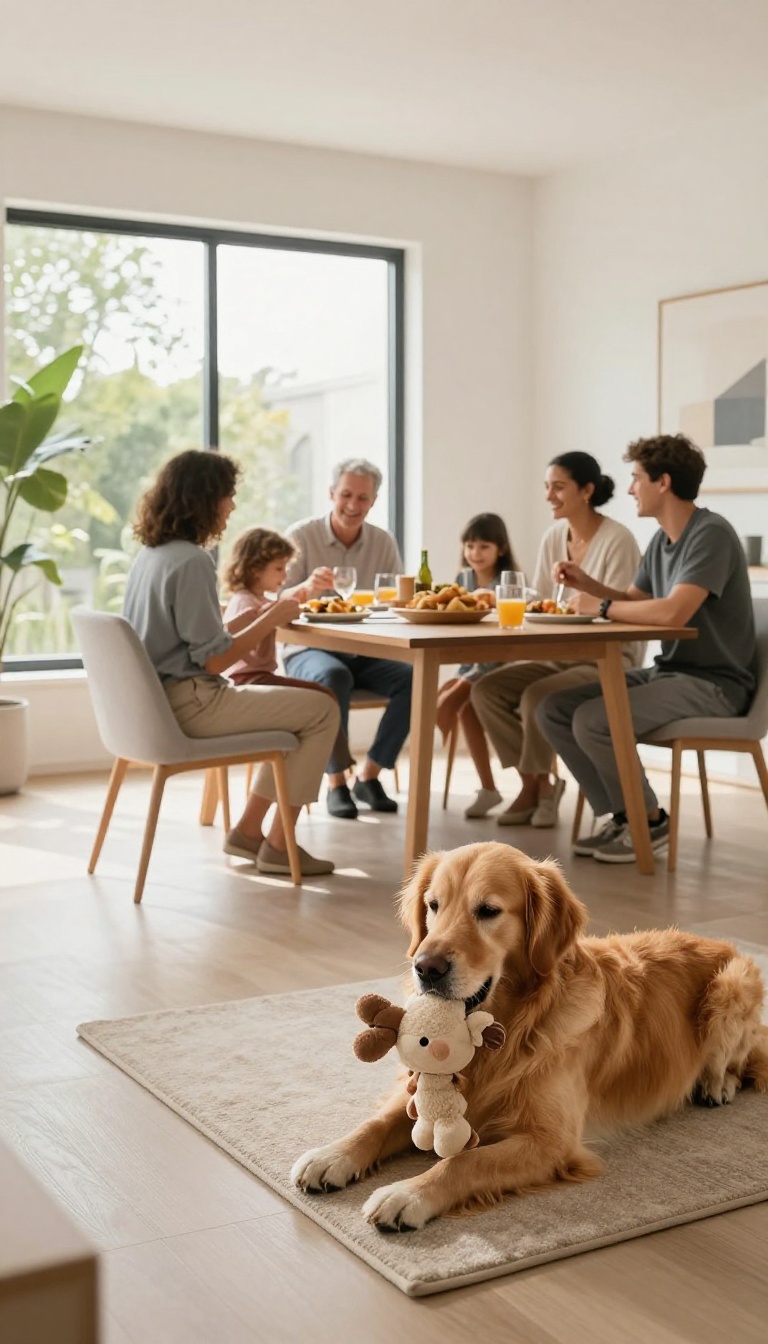 Dog resting calmly on a mat during a family meal in a bright living room
