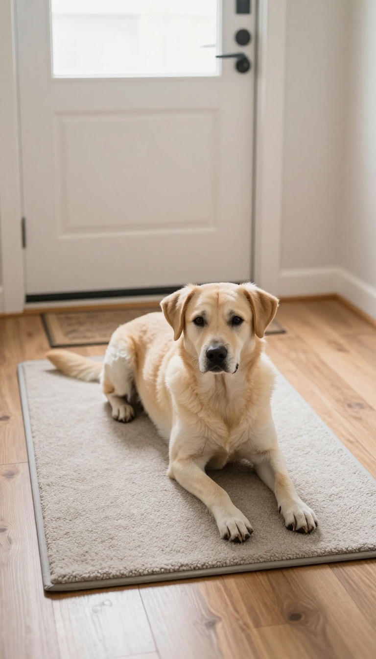 Dog sitting calmly on a mat near a front door, practicing the 'place' command.