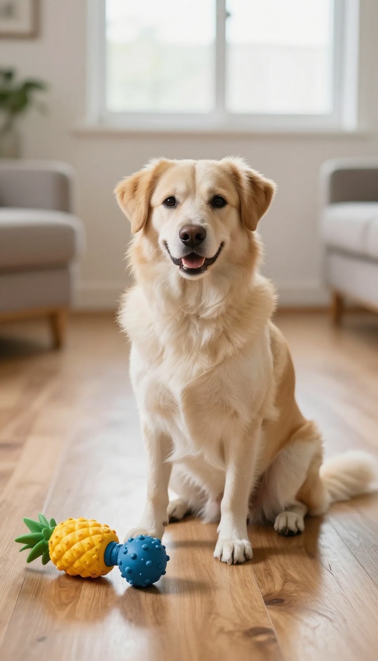 Dog sitting patiently next to a toy on the floor, demonstrating wait command during playtime.