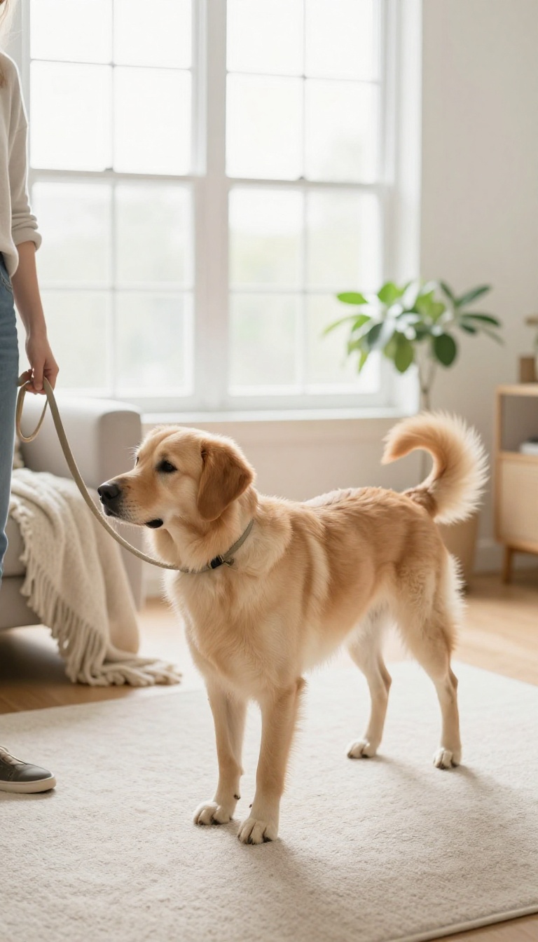 A large dog walking calmly on a loose leash indoors beside a person in a bright living room.