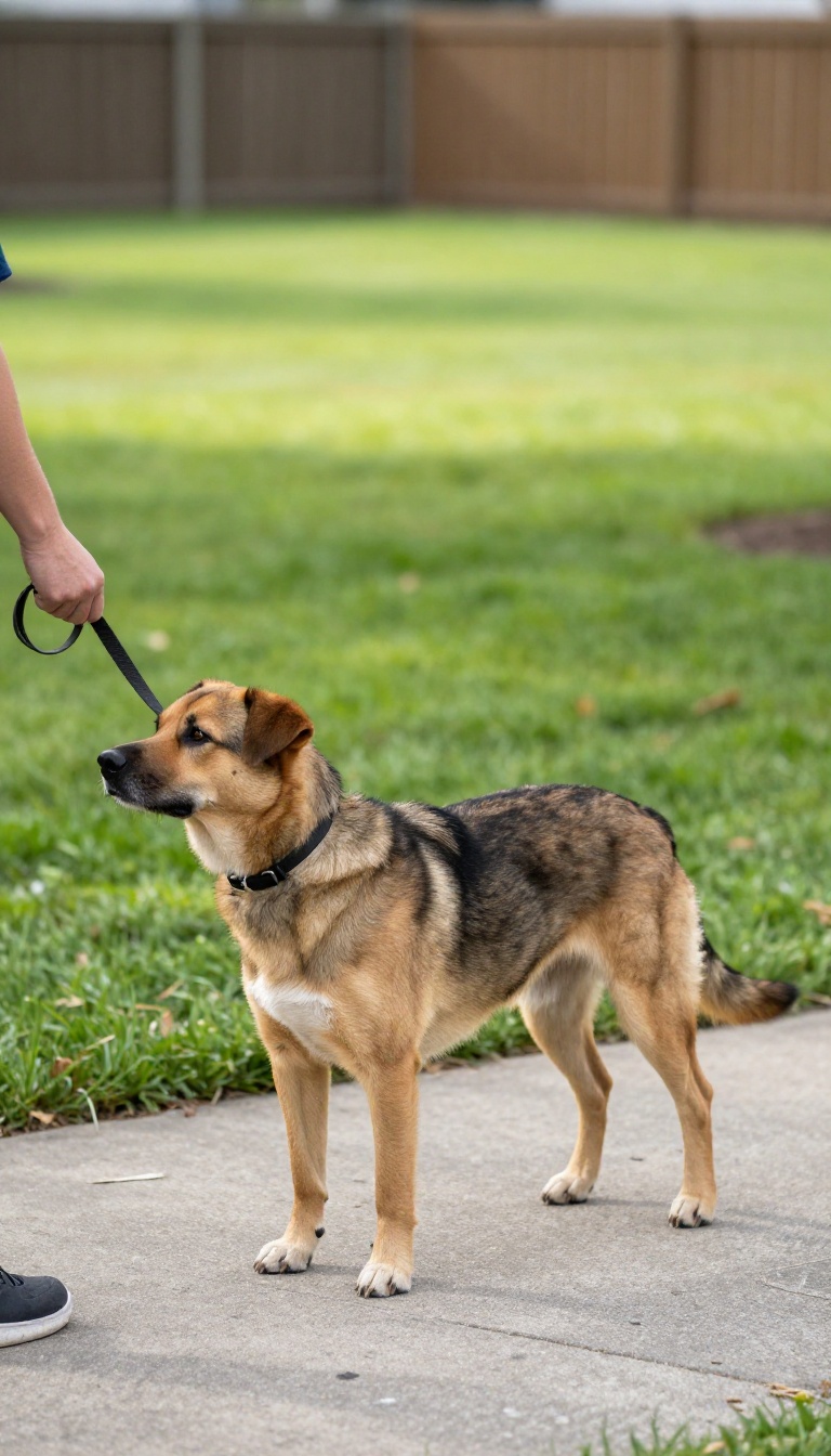 Person and dog pausing during a walk, with the dog looking back at the owner, illustrating the sudden stop technique.