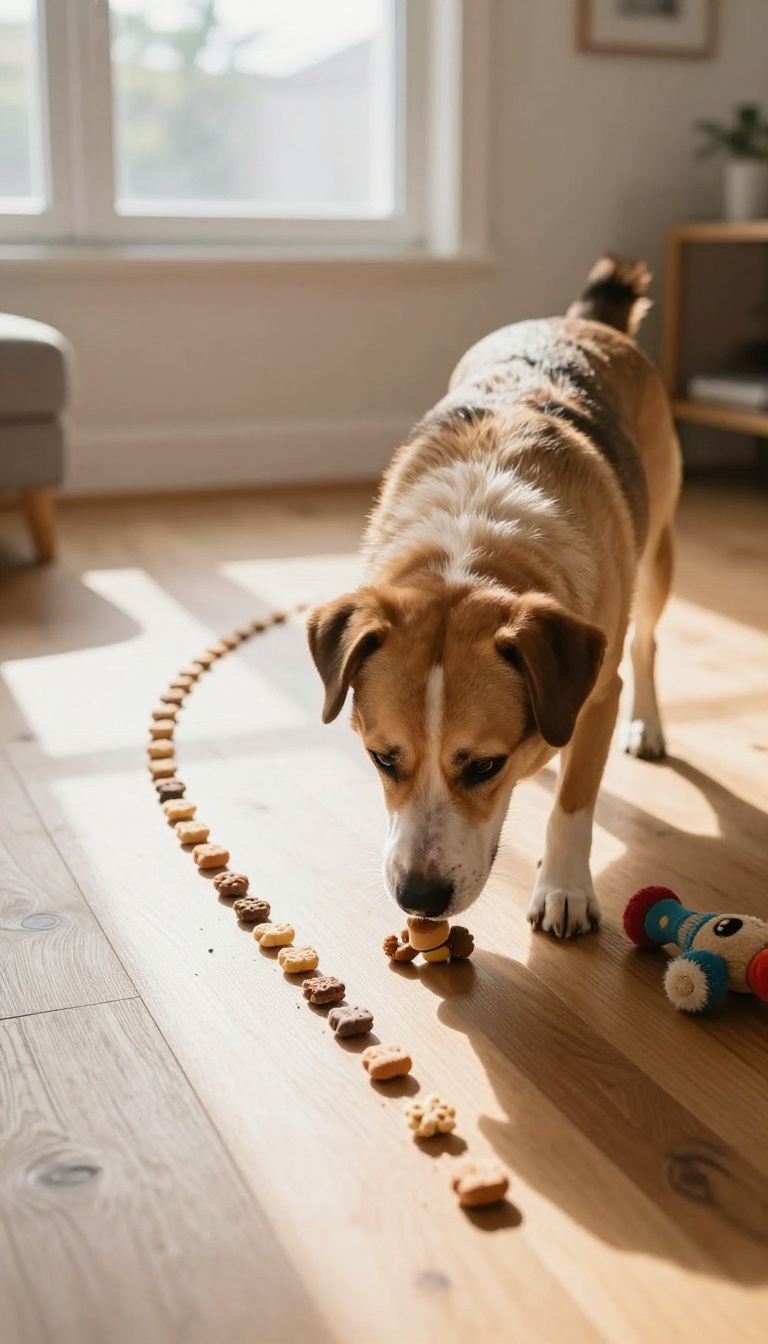 A dog following a scent trail of treats on a wooden floor in a bright living room