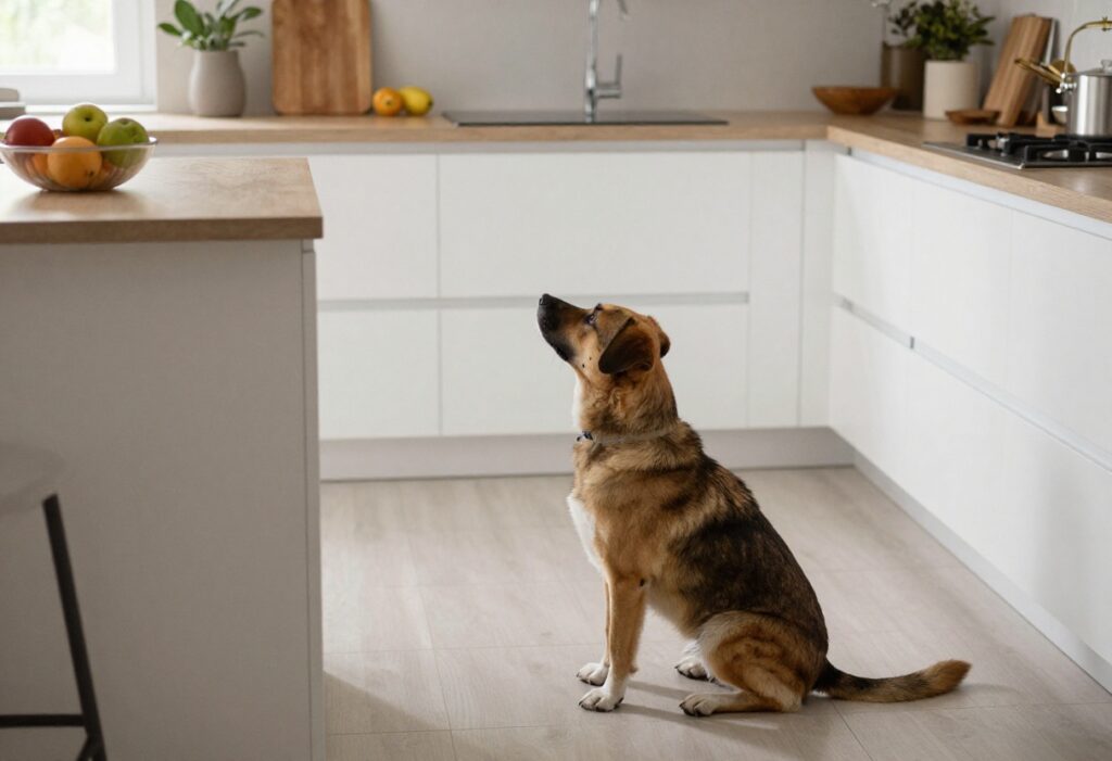 Dog sitting calmly on kitchen floor while counter is clear of food