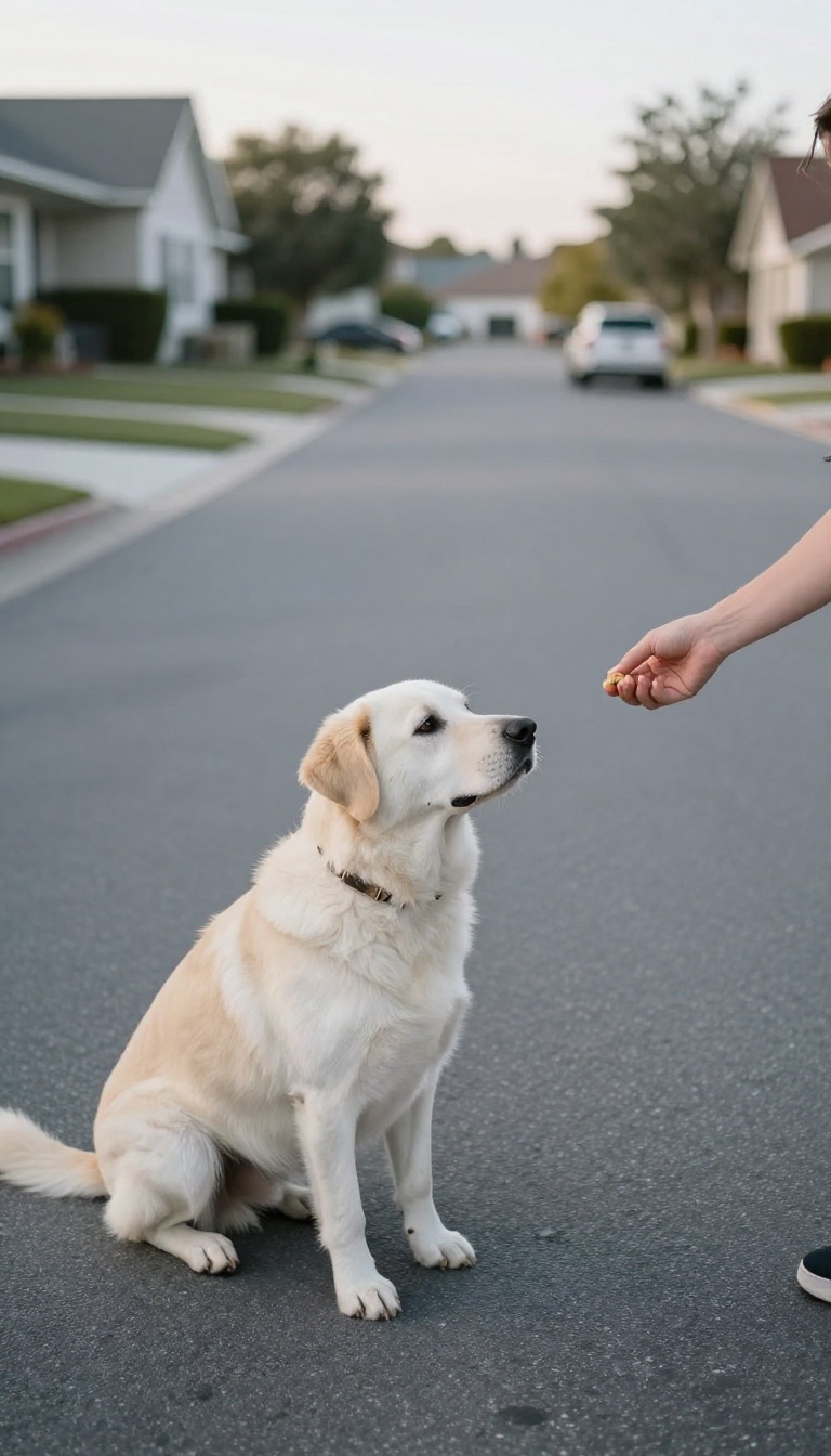 Dog practicing sit and stay at the edge of a driveway while a car approaches in the distance.