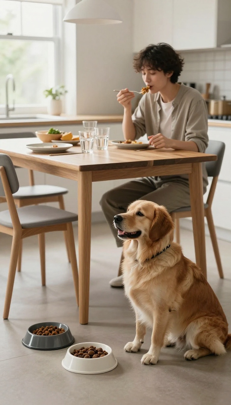 Dog sitting calmly by an empty bowl while a person eats at the table, illustrating the rule of not feeding from the table.