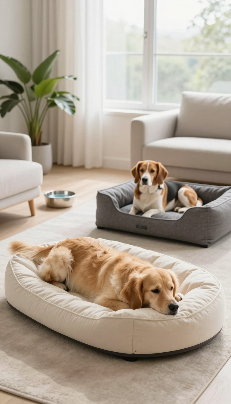 Two dogs relaxing in separate cozy beds in a bright living room, each having their own personal space.
