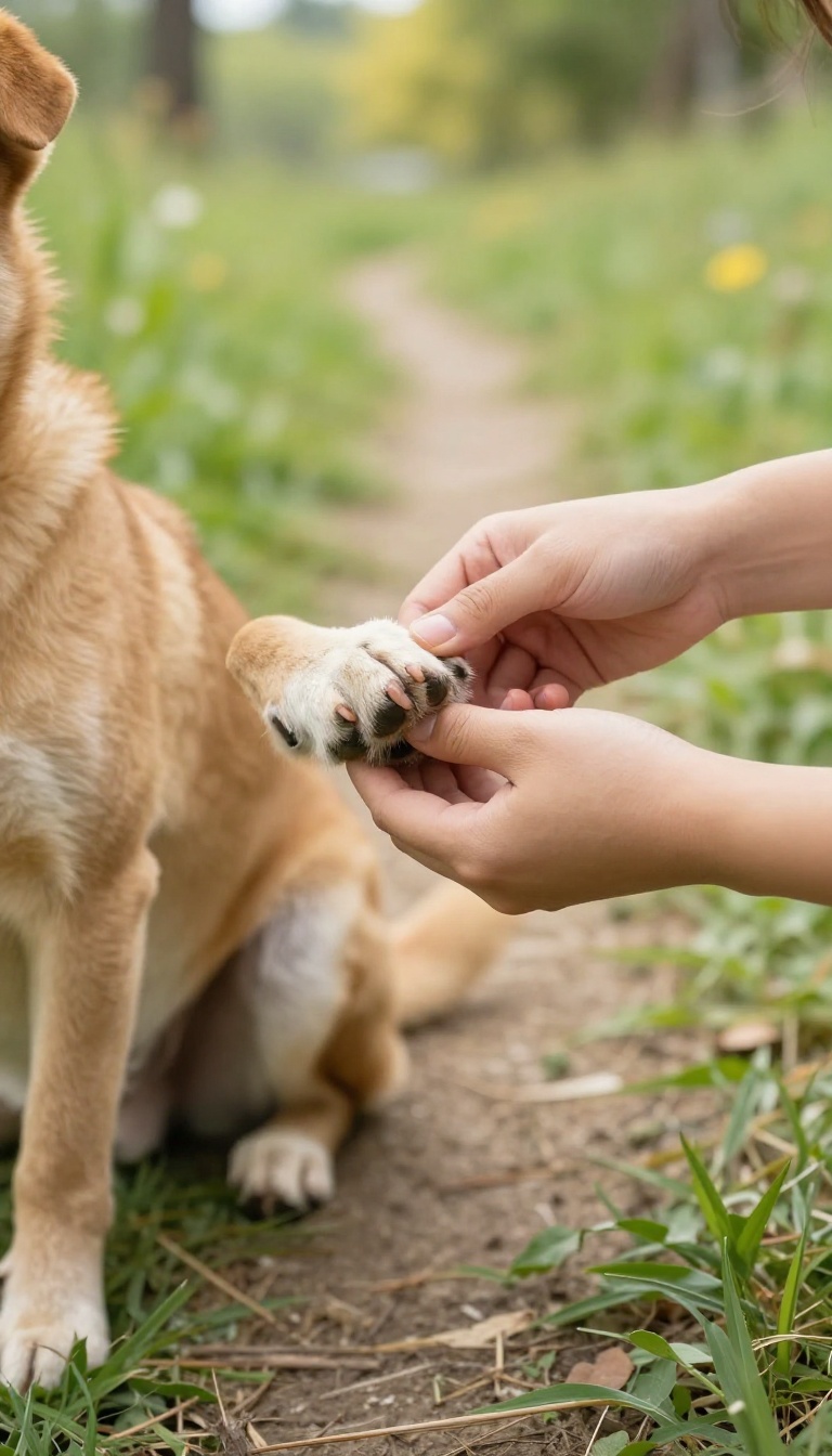 Person inspecting a dog's paw on a sunny trail, highlighting paw care during hikes.
