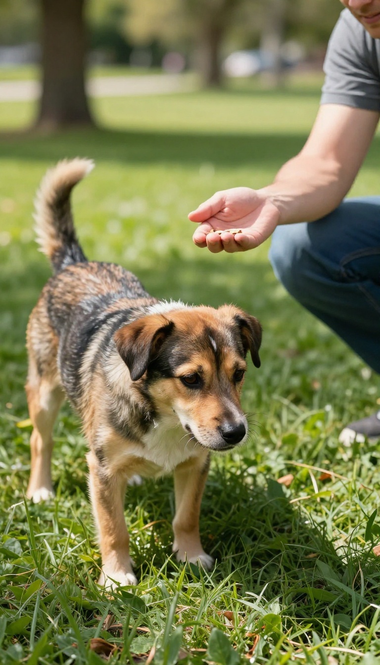 Dog sniffing grass in a park while a person offers a treat in the background, illustrating a recall training challenge.