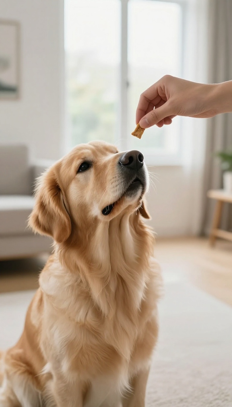 A dog sitting patiently while its owner holds a treat, illustrating the importance of teaching stay after sit.