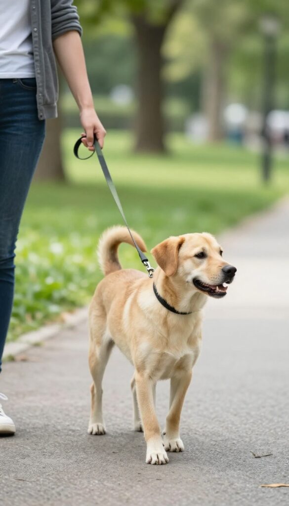 Person using a verbal cue to calm a dog during a walk on a sunny path