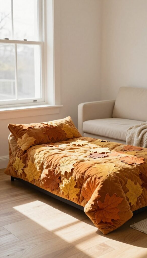 Cozy living room with a quilted dog bed featuring an autumn leaf pattern, bathed in warm natural light.
