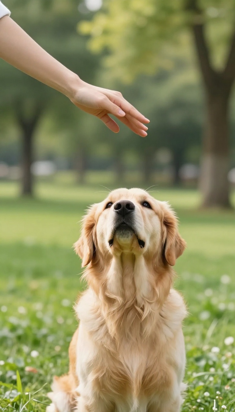 Person using a circular hand signal to teach a dog to spin in a sunny park.