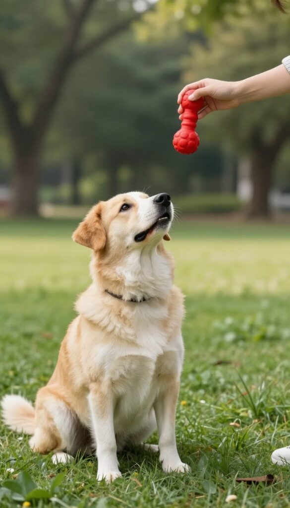 Dog waiting patiently while owner counts down with a toy in hand during impulse control training outdoors.