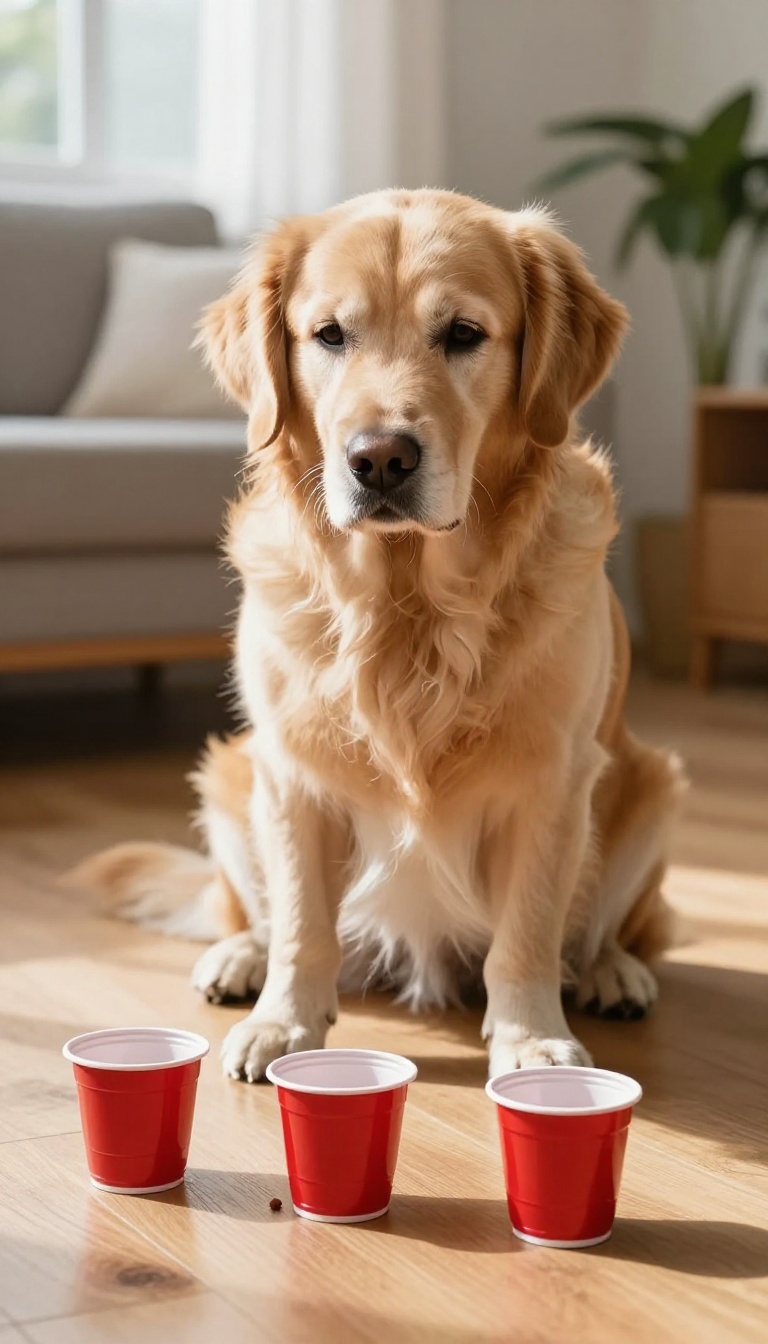 Senior golden retriever playing a cup memory game on a sunlit floor.