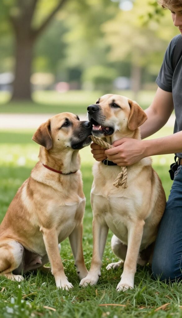 Person playing tug-of-war with a focused dog in a sunny park, demonstrating controlled play for impulse control training.