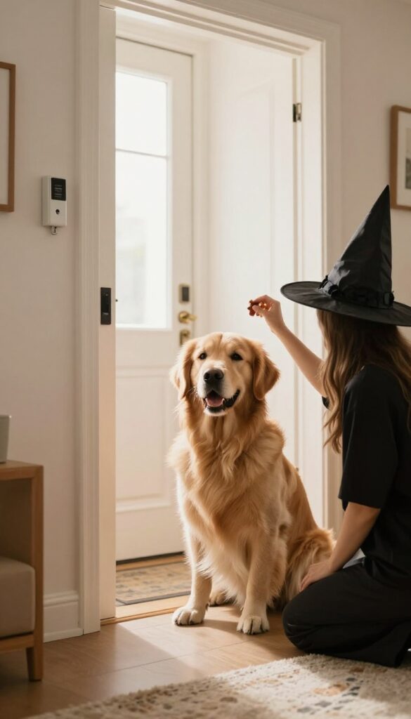 Golden retriever calmly greeting a costumed friend at the door during a Halloween training session