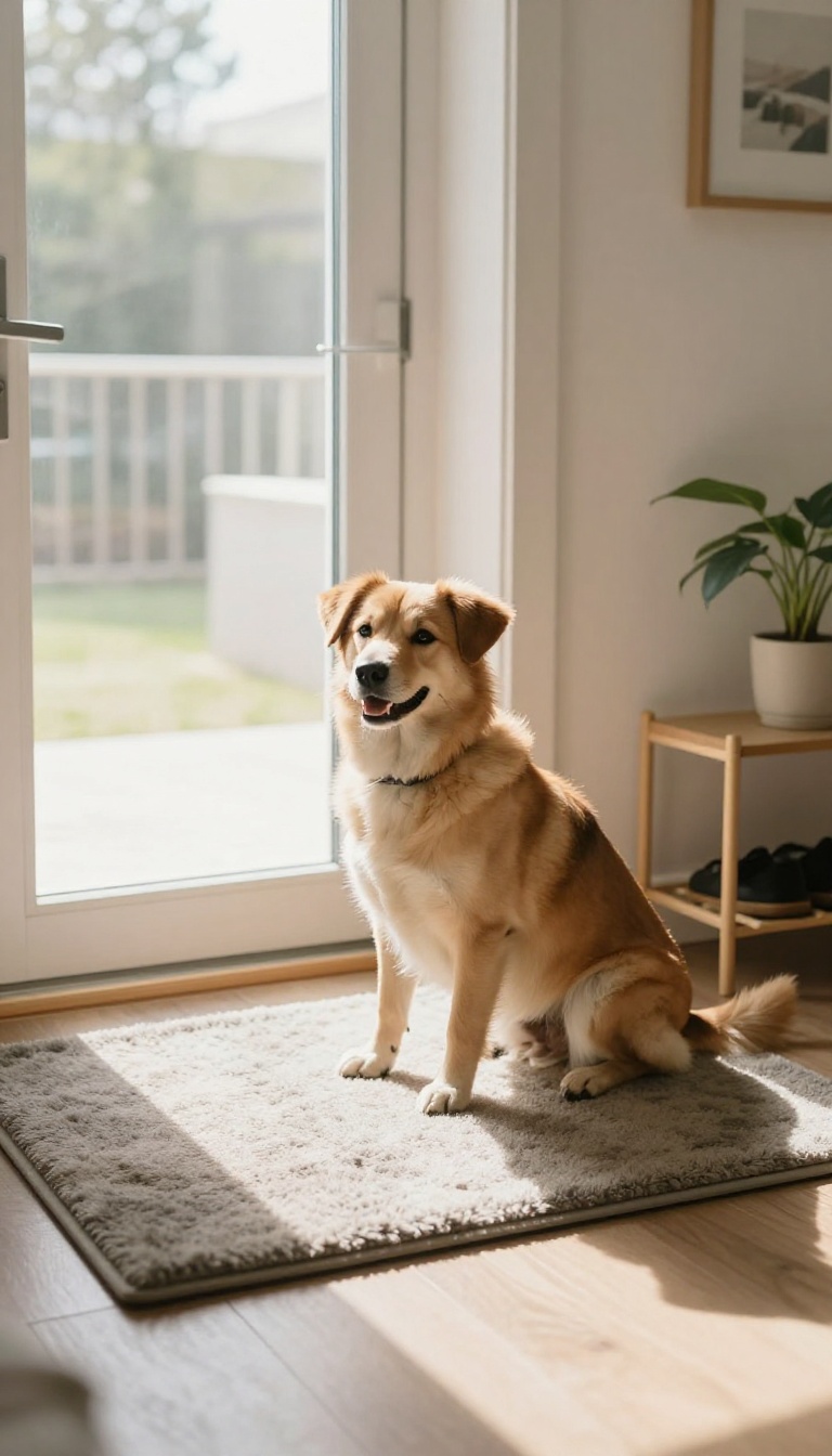 A calm dog sitting on a mat near a bright, cozy entrance