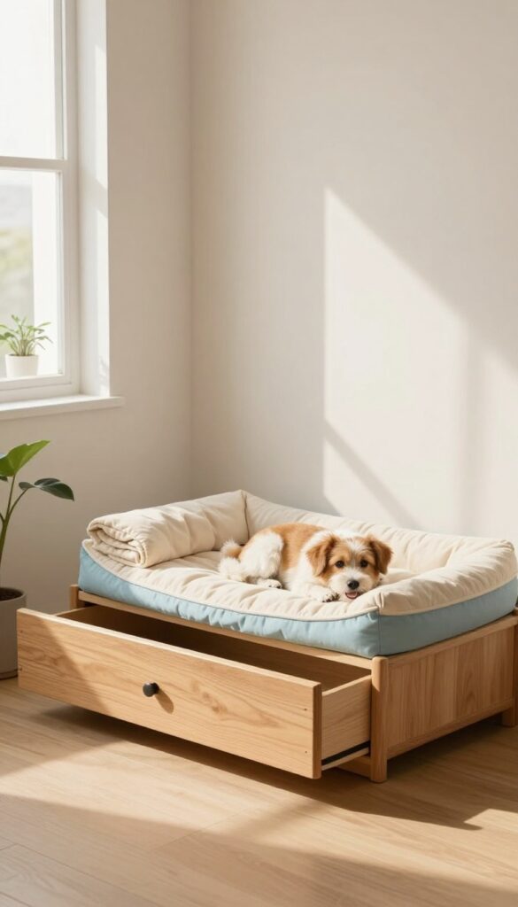 A converted dresser drawer dog bed with a plush cushion and a dog resting inside, in a bright living room.