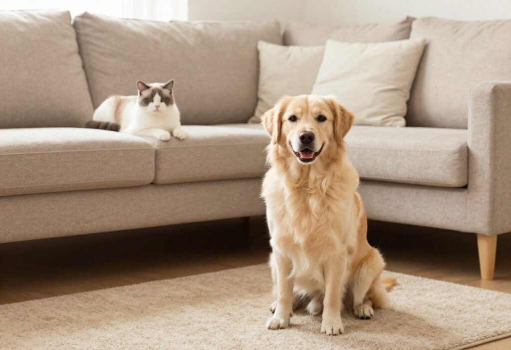 Dog sitting calmly while cat relaxes on sofa in a bright living room