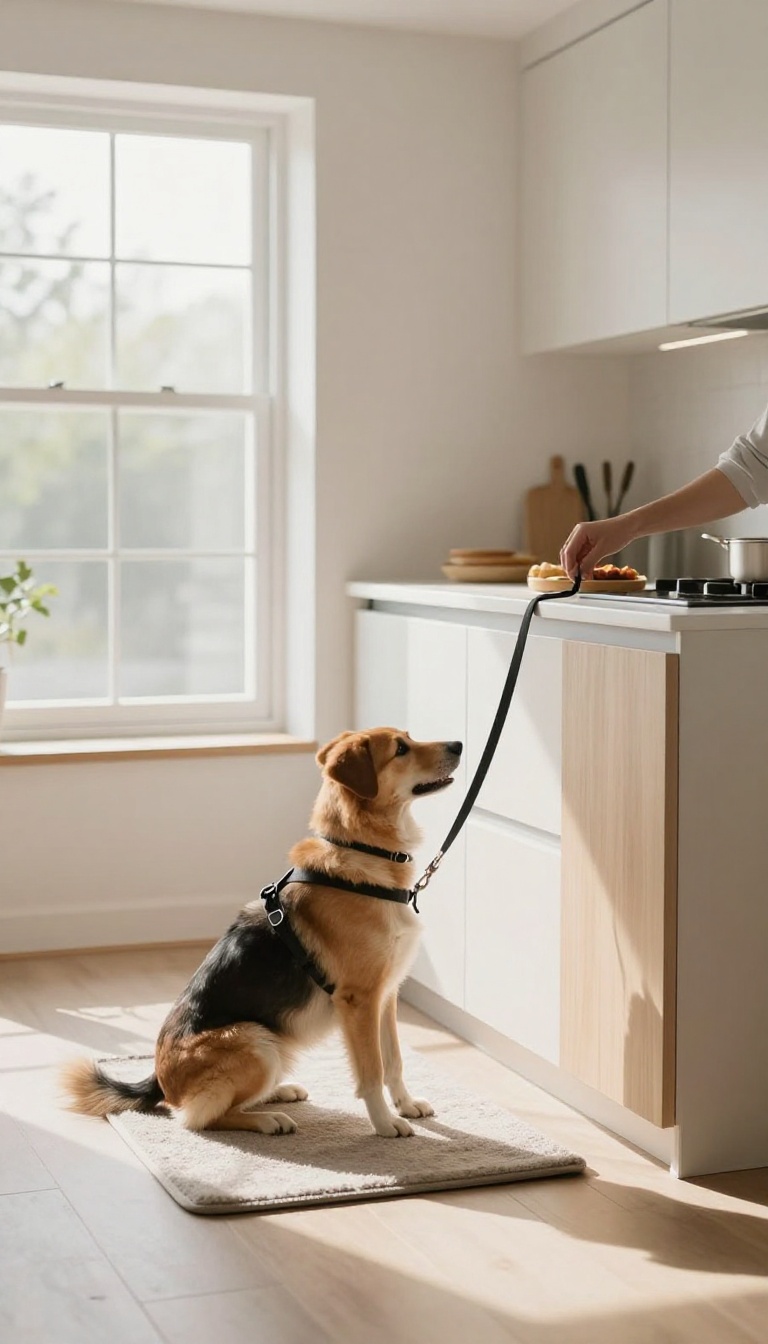 Dog sitting calmly on a mat, tethered by a short leash to a cabinet handle in a bright kitchen, preventing counter-surfing.