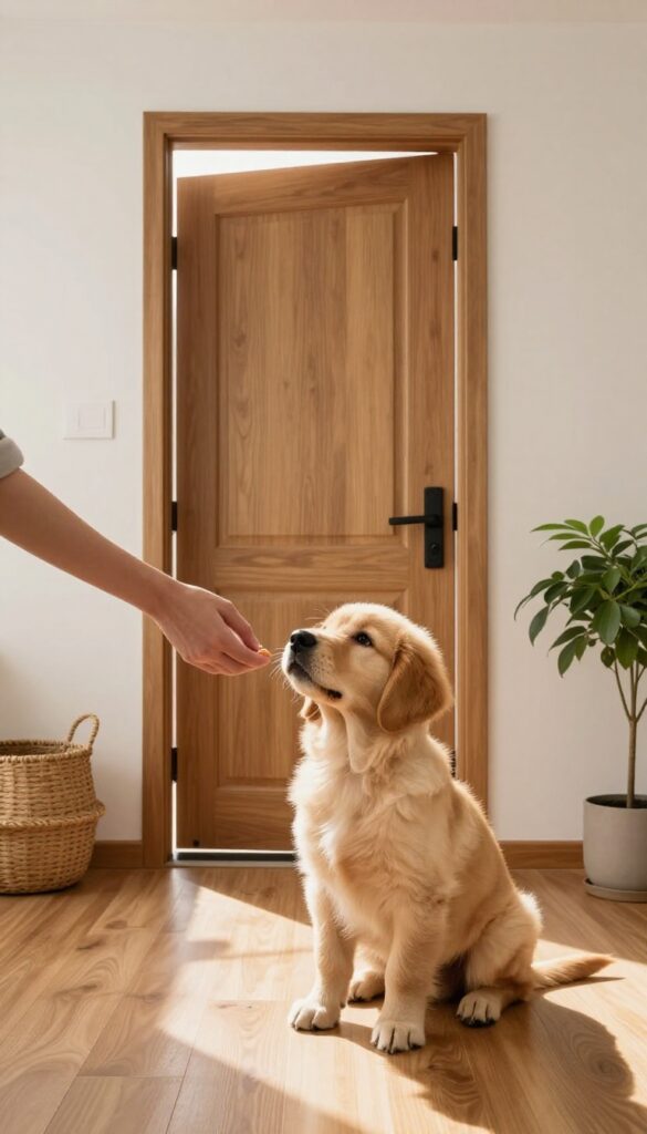 Calm golden retriever puppy sitting politely at the front door, waiting for a treat