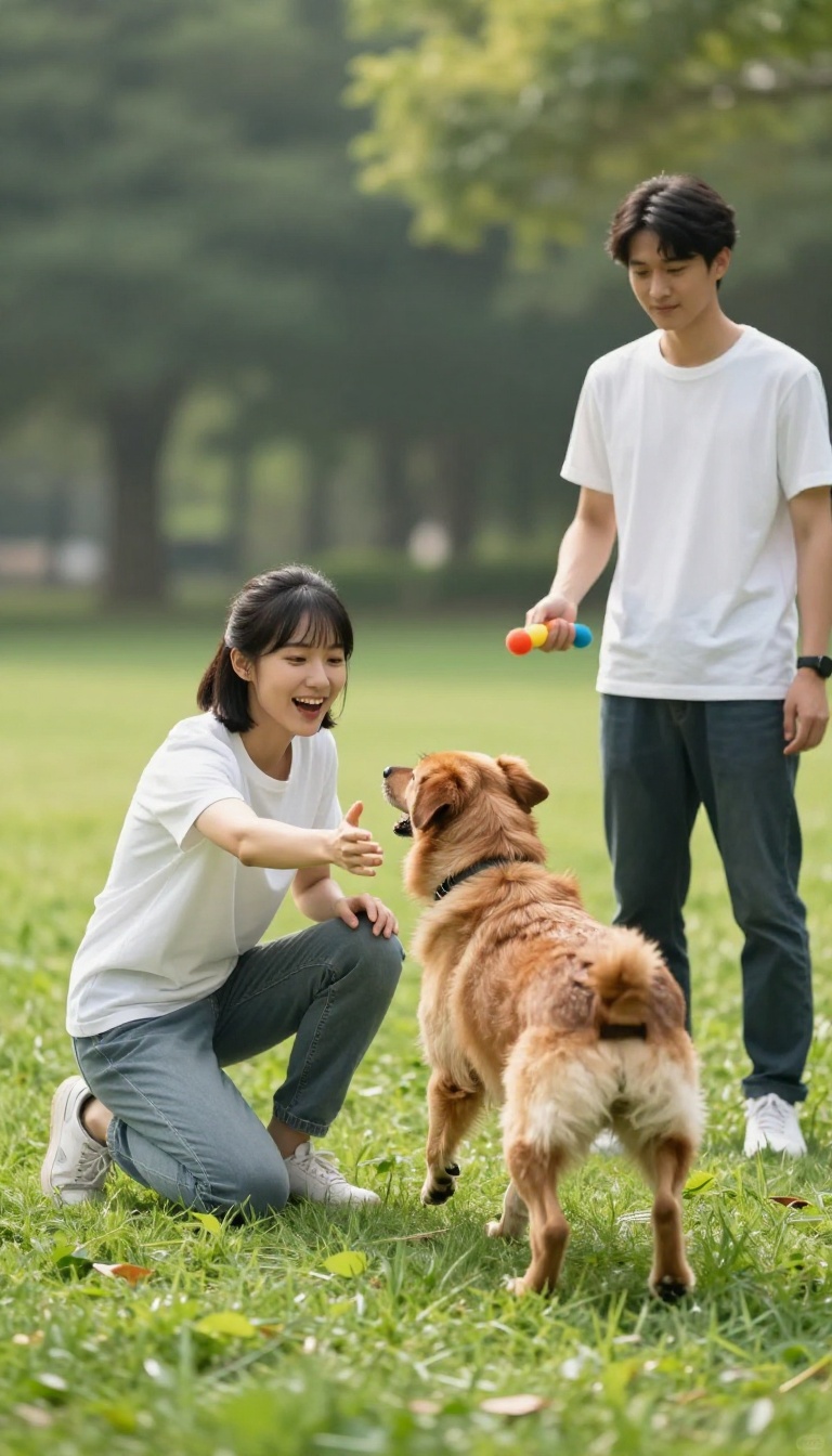 Two people playing a recall game with a dog in a sunny park