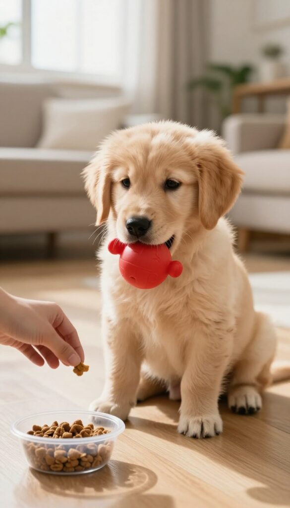 Golden retriever puppy with a toy, being offered a treat by a hand, in a bright living room.
