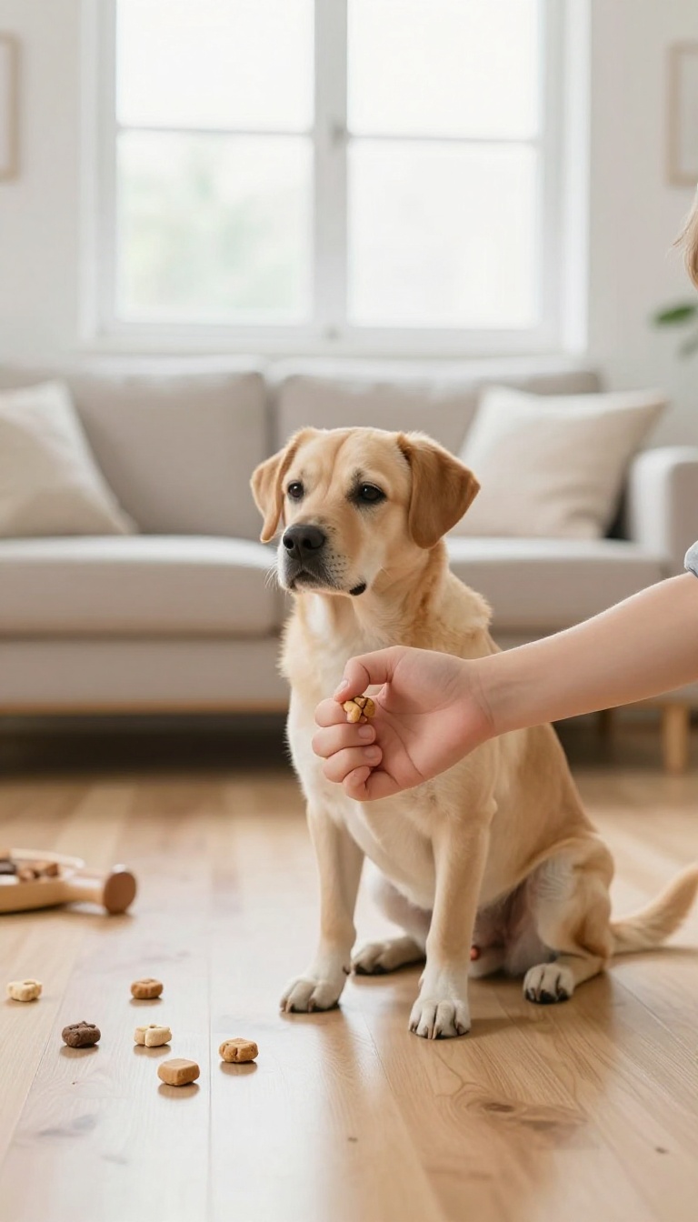 Child practicing the 'Leave It' game with a dog in a bright living room