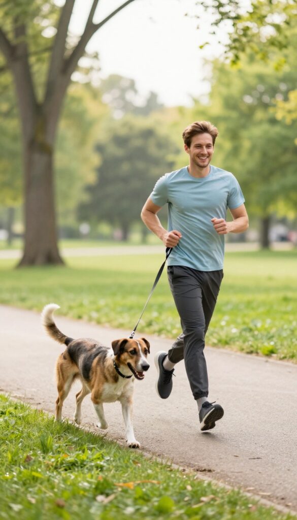 Person jogging with an energetic dog on a leash in a sunny park, illustrating a warm-up walk.