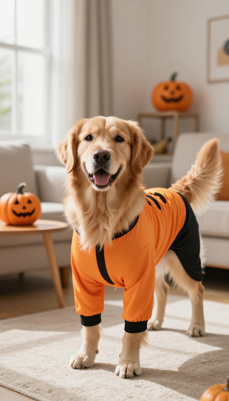 Golden retriever wearing a comfortable Halloween costume in a bright living room during a final dress rehearsal