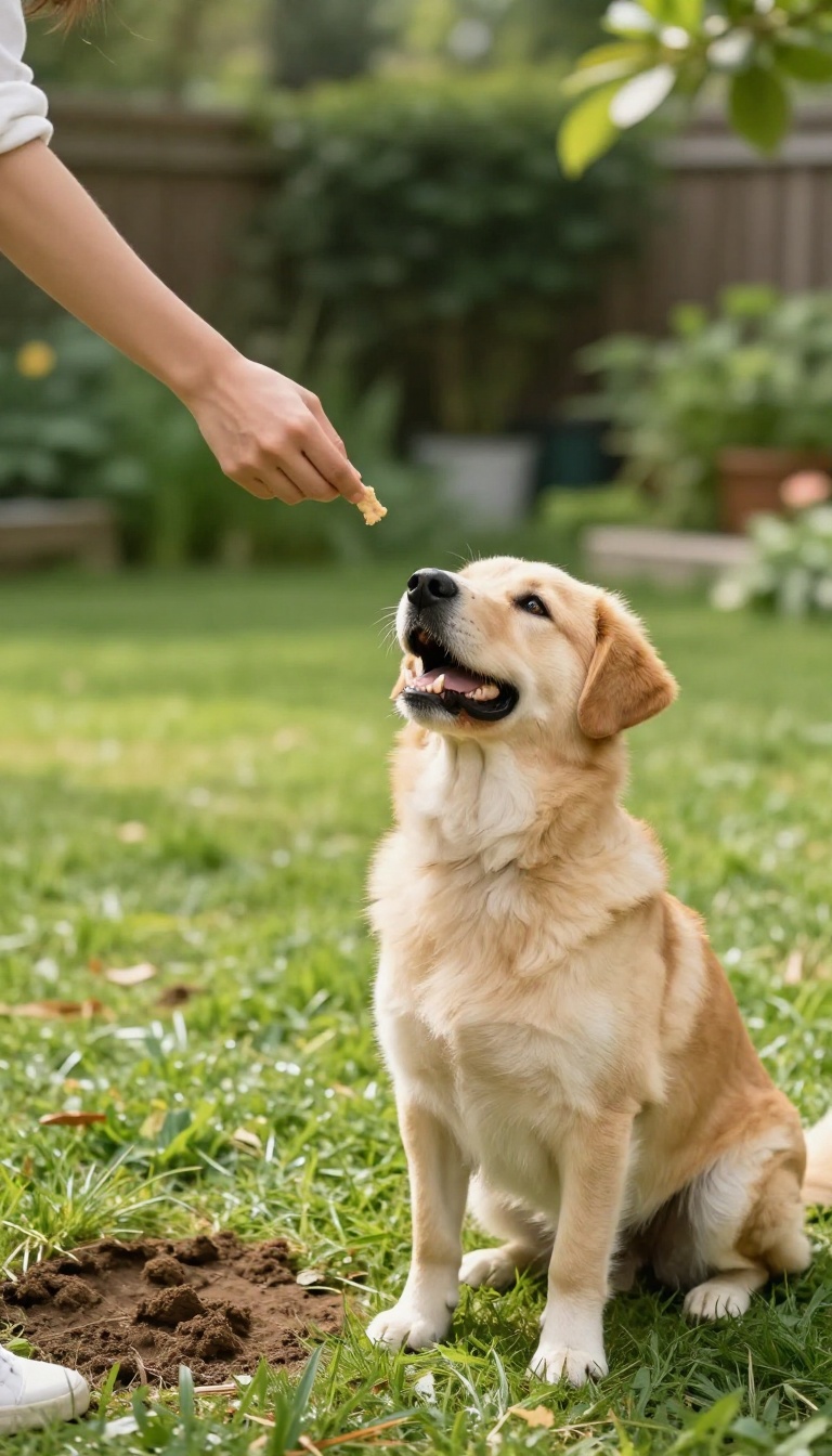 Dog sitting obediently while owner gives a treat command in a sunny backyard