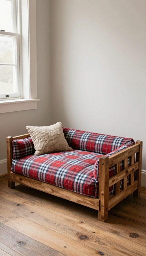 Rustic farmhouse quilted dog bed with plaid and gingham fabric in a wooden crate, styled with a chunky knit pillow and natural light.