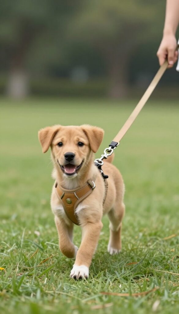 Puppy running on a long training leash in a sunny park during recall practice