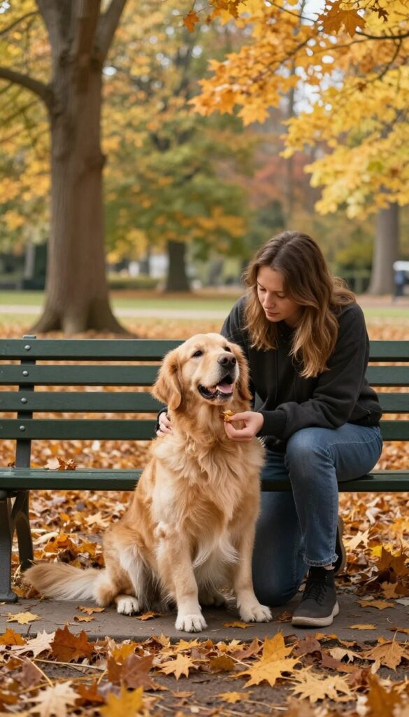 Person training a dog to sit on a park bench surrounded by autumn leaves