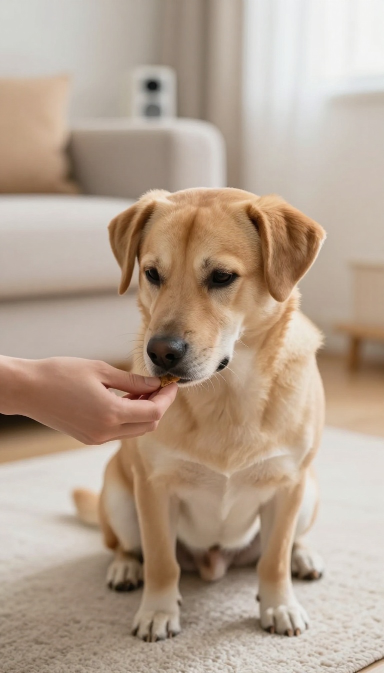 A shy dog being desensitized to household noises with treats in a bright living room.