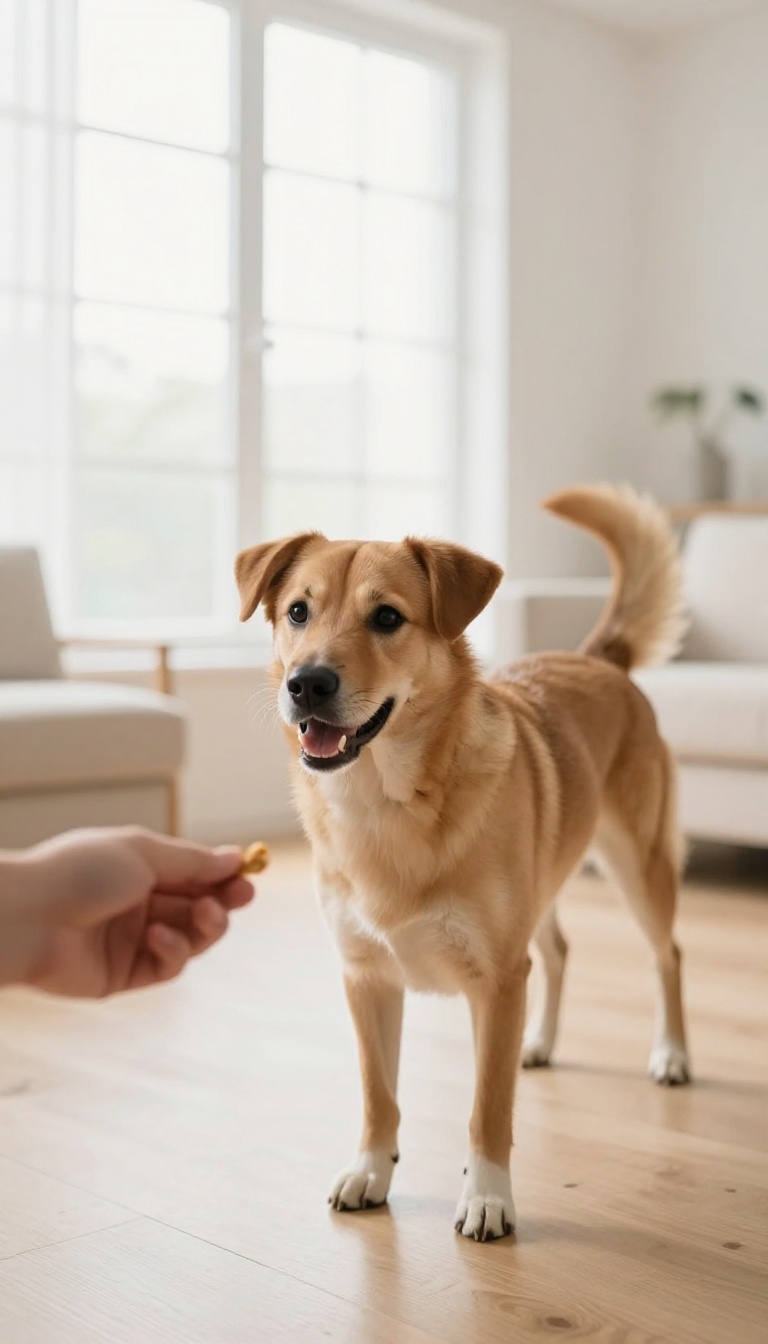 Dog spinning in a bright living room while following a treat held by a person's hand.