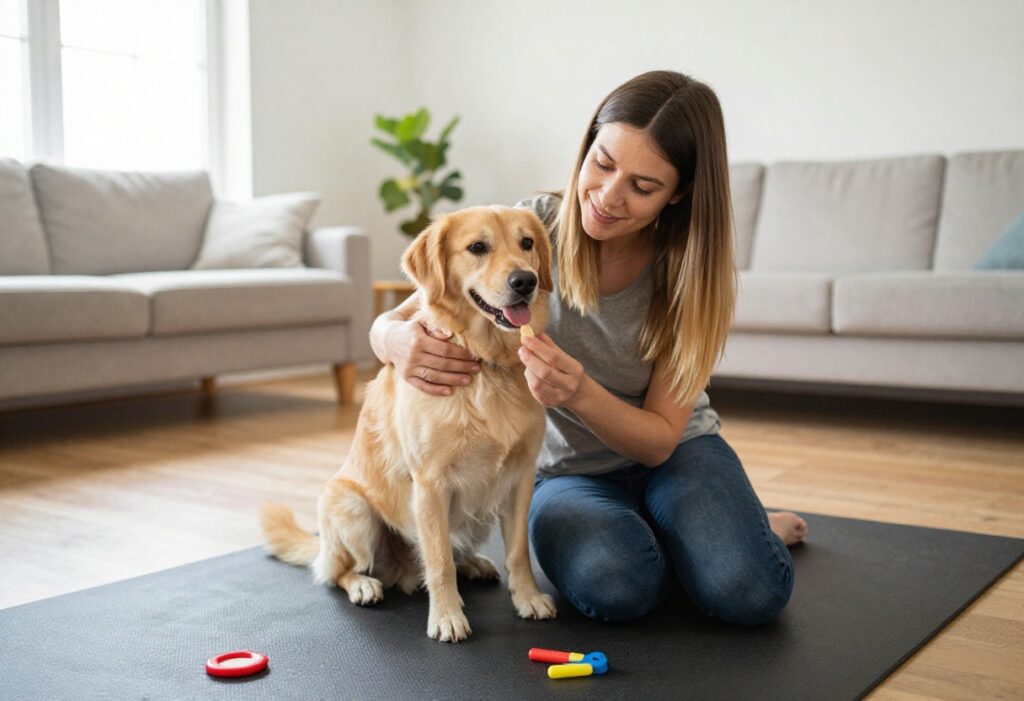 Dog training session with owner rewarding calm behavior