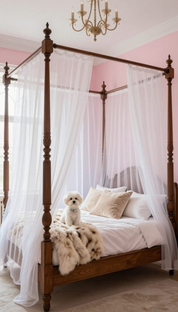 Four-poster dog canopy bed with white and blush tulle, plush bedding, and a small white dog in a princess-themed bedroom