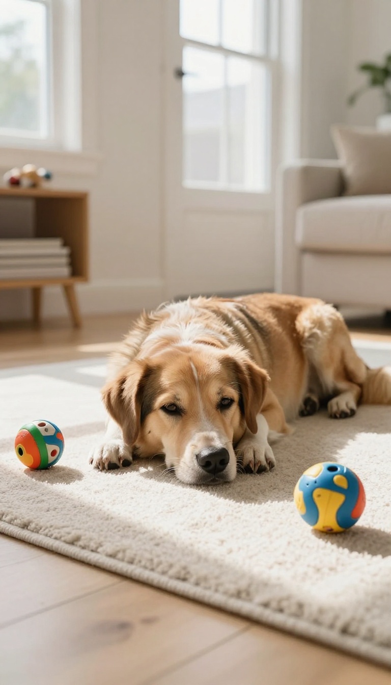 A tired and content dog resting near puzzle toys in a sunlit living room, illustrating the benefits of physical and mental exercise for reducing destructive chewing.