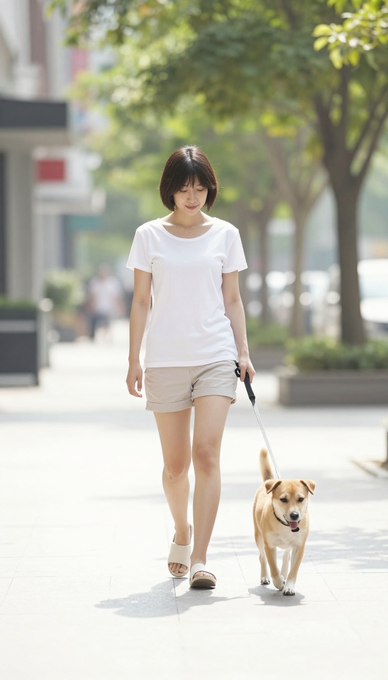 Person walking a dog on a short leash on a sunny sidewalk, promoting considerate walking etiquette.
