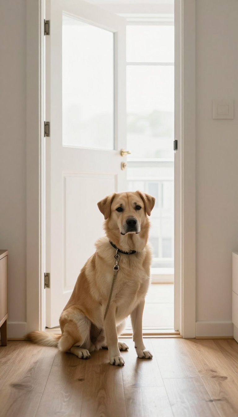 Dog sitting calmly on a leash waiting at an open front door