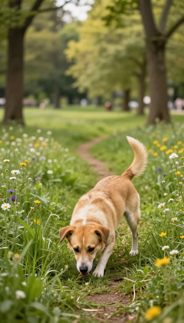 A dog joyfully sniffing the ground in a sunlit park
