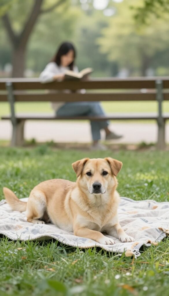 Dog settling on a blanket in a park with mild distractions.