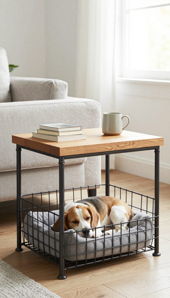Industrial pipe end table with a wire crate base holding a dog bed and a sleeping beagle, styled in a bright living room.