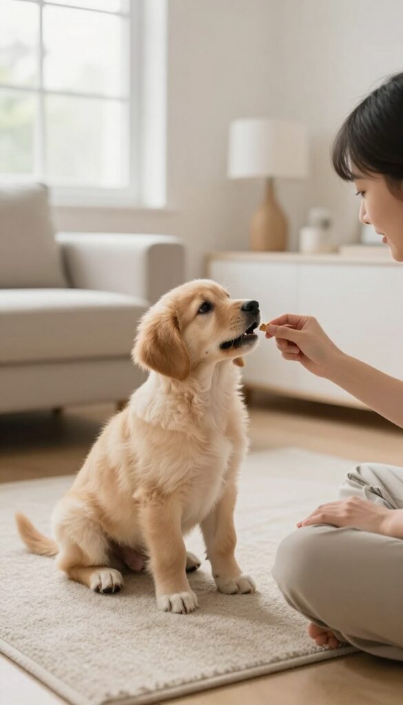 Person rewarding a calm puppy with a treat in a bright living room