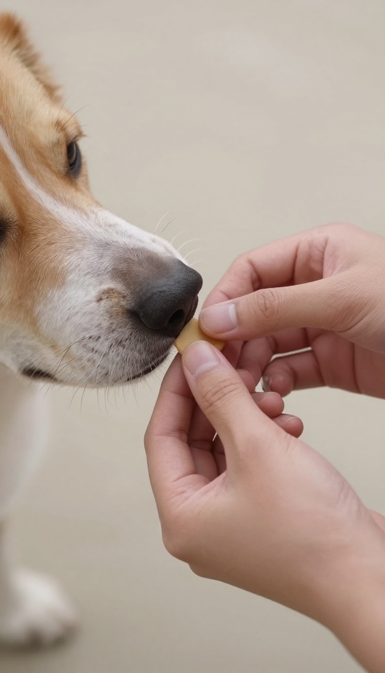 Dog turning its head slightly during a shaping training session, with a hand offering a treat.