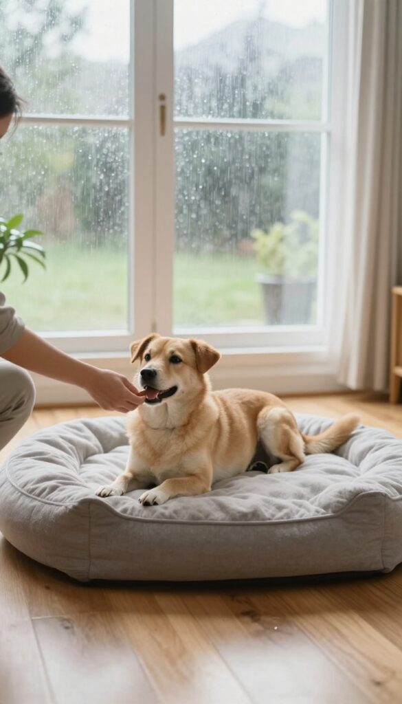 Dog calmly sitting on a bed while receiving a treat on a rainy day